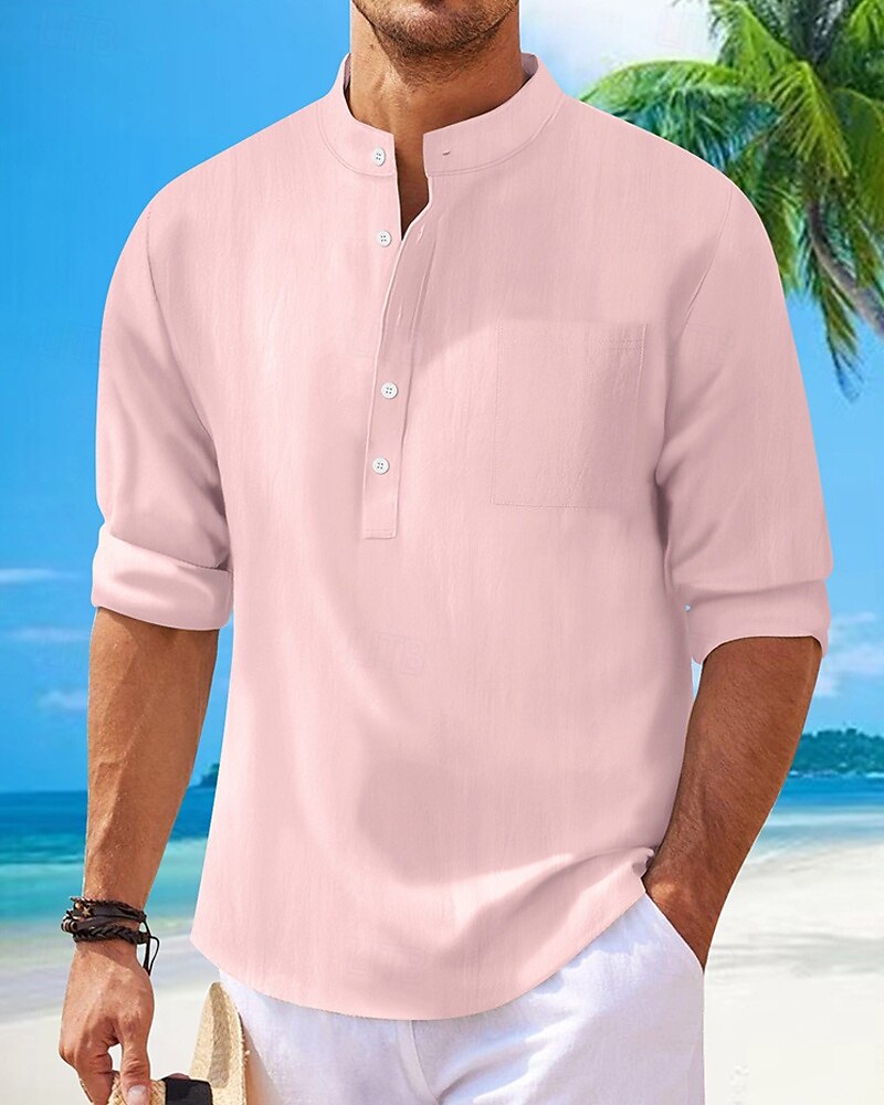 Herren Hemd Leinenhemd Popover-Hemd Freizeithemd Baumwollhemd Einfach Urlaub Hawaiianisch Schwarz Weiß Rosa Marineblau Langarm Stehkragen Frühling Herbst Bekleidung 2025 - $21.99 –P1