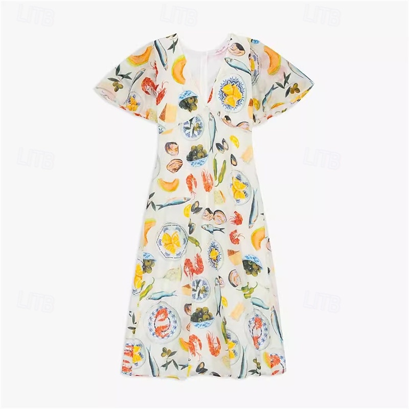 Per donna Abito Lungo Maxi Abito Abiti in cotone e lino Vestito Casual Moda All'aperto Feste Ferie Vestibilità regolare Frutta Manica Corta Scollo a V Beige Estate del 2025 a $42.99 –P6