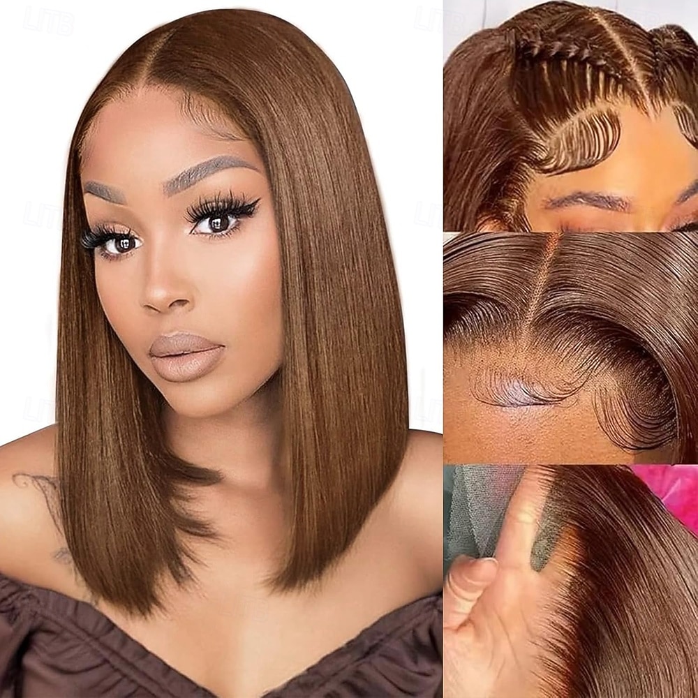 Parrucca in pizzo bobo corto 13*4 con capelli umani castani 4#, capelli umani lisci, densità 150% del 2025 a $150.99 –P1