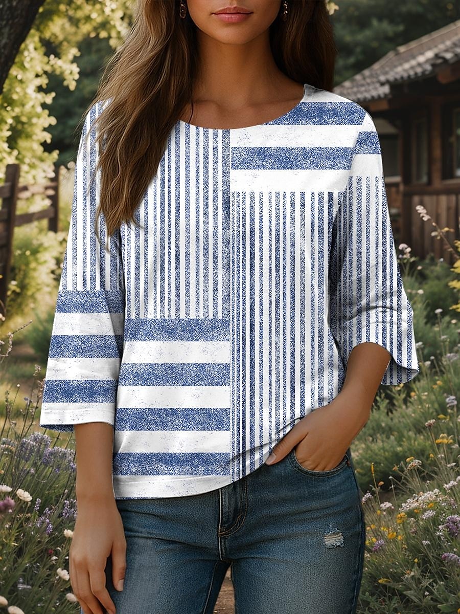 Dame Bluse Grafisk Stripet Bohem Daglig Etnisk 3/4 ermer Crew-hals Vanlige topper Daglig Ferie Trykt mønster Blå Lilla Grønn Kakifarget Sommer Vår 2025 - $27.99 –P1