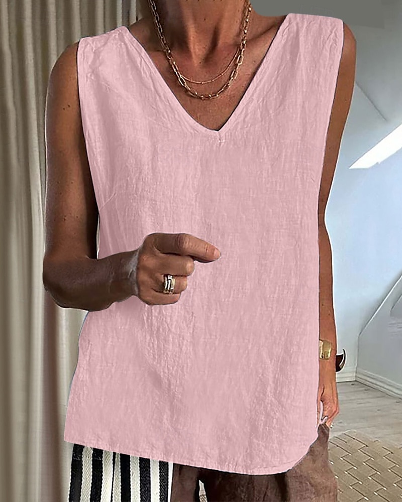 Dames Overhemd Linnen-geïnspireerde sets Blouse Effen Modern Casual Mouwloos V-hals Normale tops Dagelijks Feestdagen Zwart Blozend Roze Leger Groen Beige Grijs Zomer 2025 - $19.99 –P8