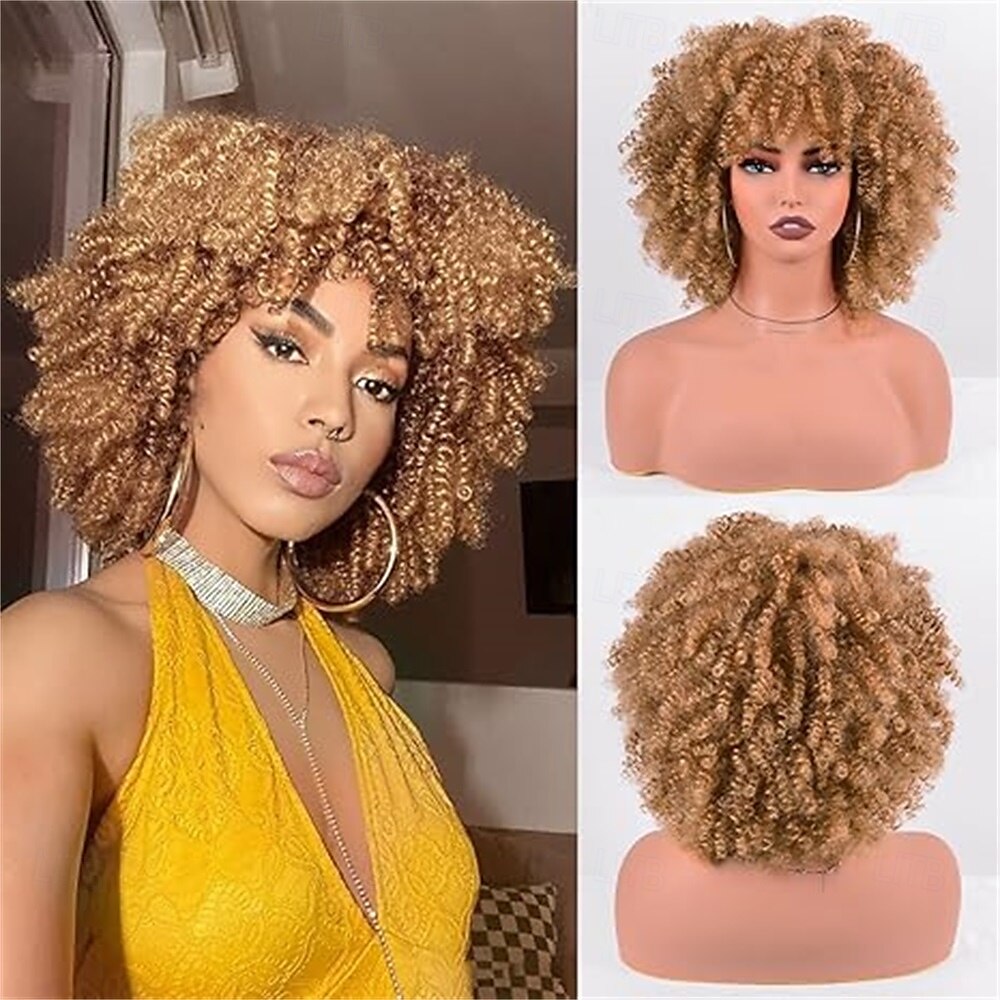 Perruques afro pour femmes noires 10 pouces 230g/pièce Perruque synthétique résistante à la chaleur avec des frisottis courts et une frange pour fête des années 70 Halloween de 2025 ? $25.99 –P3