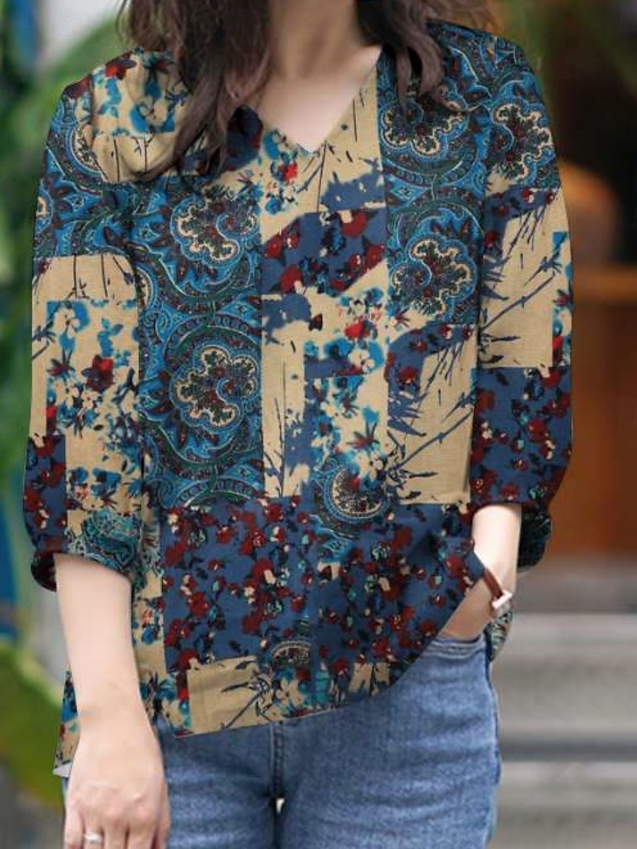 Dames Overhemd Bloemig Dagelijks Retro vintage Modern Lange mouw Overhemdkraag Normale tops Dagelijks Feestdagen Knop Afdrukken Rood blauw Khaki Zomer 2025 - $14.49 –P9