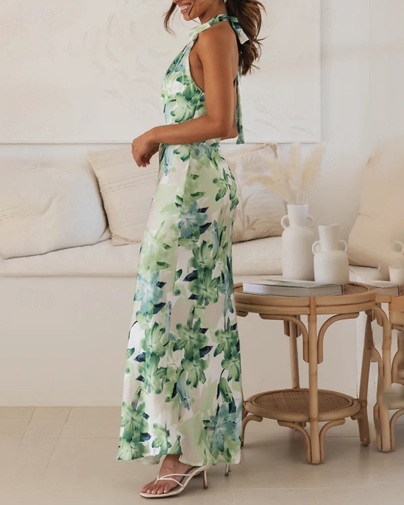 Women's Long Dress Maxi Dress Floral Dress Halter Neck Dress Fashion Modern Vacation Going out Weekend Regular Fit Flower Sleeveless Halter Neck Yellow Pink Green Summer 2026 - $27.99 –P18