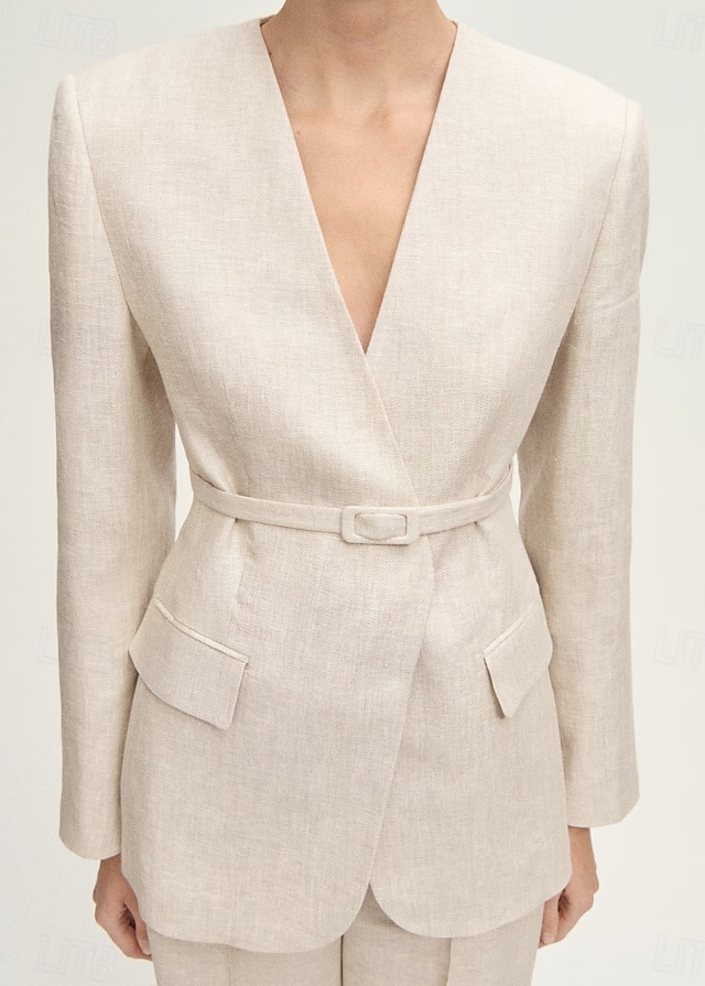 Blazer sans col ensemble deux pièces combinaison lin mélangé mère de la mariée combinaison élégante simple minimaliste en V longueur de sol manches longues avec couleur unie de 2025 ? $189.99 –P2