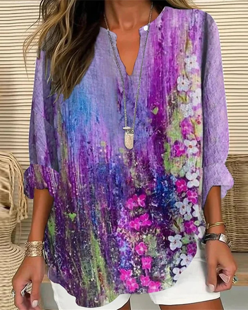 Femmes Chemise Fleur Quotidien Élégant Basique manche longue Col en V Hauts Réguliers Quotidien Fête Imprimé Jaune Bleu Roi Violet Printemps Automne de 2025 ? $16.49 –P2