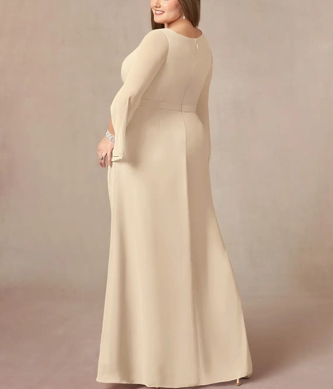A-Linie Brautmutterkleid Hochzeitsgast Elegant V Ausschnitt Bodenlang Chiffon Spitze Langarm mit Falten Perlenstickerei Raffung 2025 2025 - $164.99 –P4