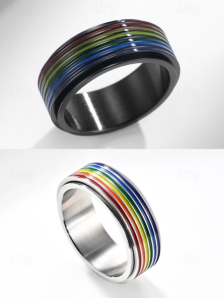 Anello girevole arcobaleno LGBT da uomo - anello in acciaio inossidabile con design twist, accessorio alla moda per festival, abbigliamento quotidiano e celebrazioni LGBTQ+ del 2025 a $11.99 –P7
