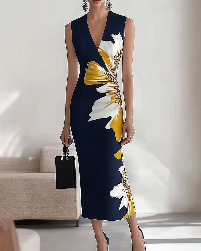 Per donna Abito Midi Abito Floreale Abito Stampato Elegante Moda All'aperto Vacanza Ferie Vestibilità regolare Fiore Senza Maniche Scollo a V Blu marino Estate del 2025 a $24.99 –P1