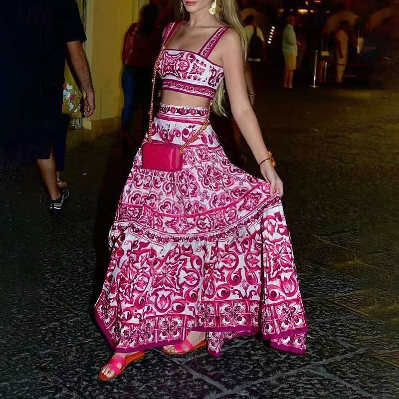 Femmes Jupe Évasé Bohème Mode Boho Maxi Taille Basse Jupes Fleuri Imprimé Micro-Élastique Vacances Rue Bleu Rose rouge Été Polyester de 2025 ? $28.99 –P2