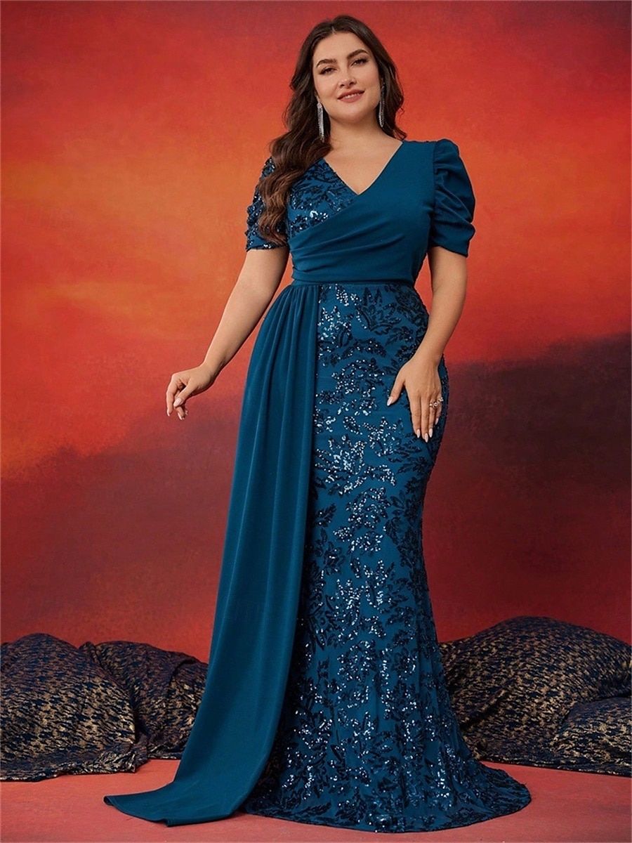 Meerjungfrau Trompete Plus Size Kleider Elegantes Kurvenkleid Formelles Hochzeitskleid Bodenlang Kurzarm V-Ausschnitt Pailletten mit Pailletten 2025 2025 - $169.99 –P1