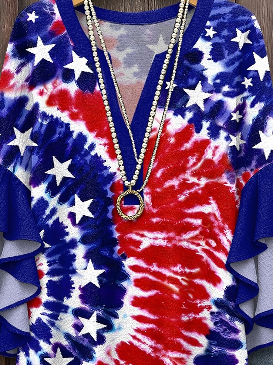 Women's Patriotic  Blouse Layered Ruffle Sleeve Tops Graphic Flag Bohemia Vintage Ethnic 3/4 Length Sleeve V Neck Tops Daily Holiday Vacation Wear Print Red Royal 2025 - $29.99 –P3