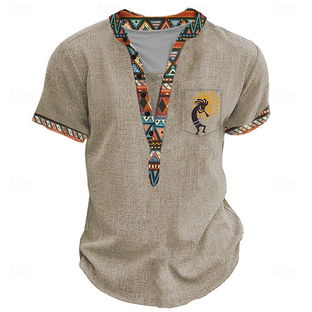 2025年 男性用 トライバル エスニック Tシャツ ヘンリーシャツ 半袖 デザイナー ベーシック エスニック アウトドア カジュアル 日常 夏 ブラック ライトグリーン ライトブルー カーキ色 ヘンリー ヘンリーTシャツ コレクション – $18.99 –P4