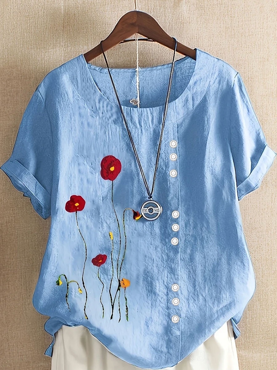damebluse i bomull og lin, blomstrete, grafisk, vintage, avslappet, korte ermer, rund hals, vanlig topper, daglig, ute, knapper, trykk, asymmetrisk kant, hvit, blå, sommer, vår 2025 - $22.99 –P2