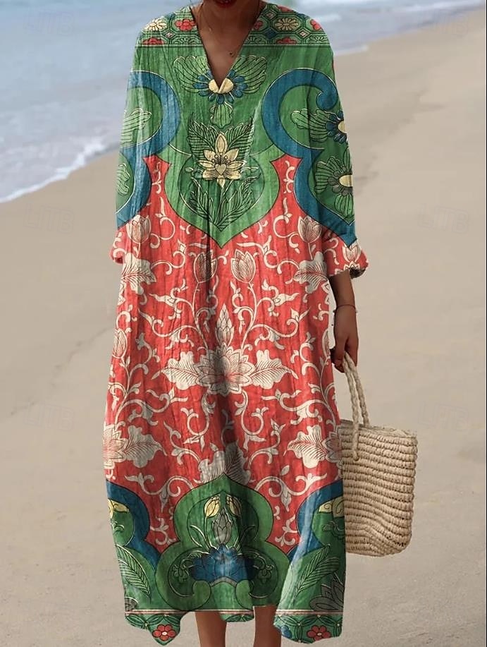 Damen Midikleid Sommerkleid A Linie Kleid Urlaub Lässig Boho Party Ausgehen Strand Blumen Grafik Langarm V Ausschnitt Hellrosa Weiß Hellgrün Rosa Sommer Frühling 2025 - $35.99 –P4