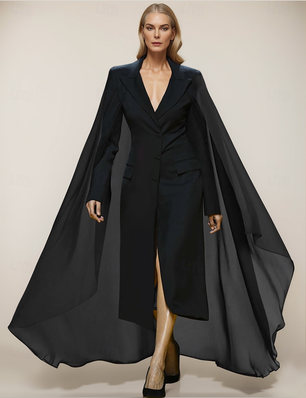 Black Cape Blazer Dress Tuxedo Dress A-Line Mother of the Bride