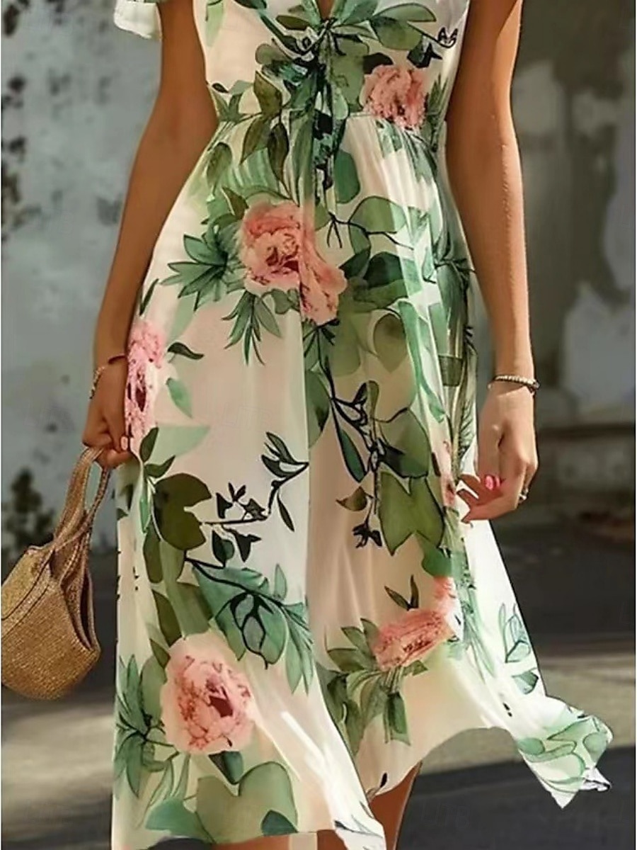 Damskie Sukienka midi Sukienka A line Codzienny Na zewnątrz Wyjściowe Plaża Luźny / a Kwiaty Graficzny Krótki rękaw W serek Zielony Lato Wiosna 2025 - $39.99 –P3