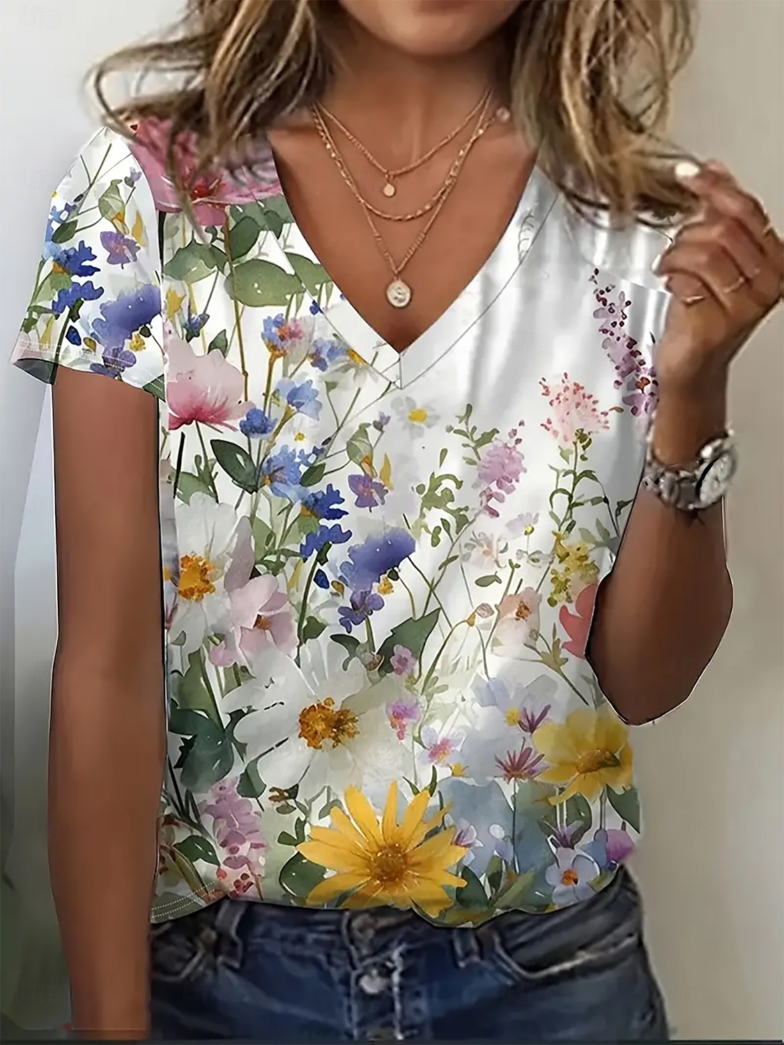 Dame T skjorte Sommertopper Blomstret Planter Klassisk Fritid Kortermet V-hals Crop Tops Daglig Helg Trykt mønster Regnbue Sommer Vår Høst 2025 - $15.49 –P1
