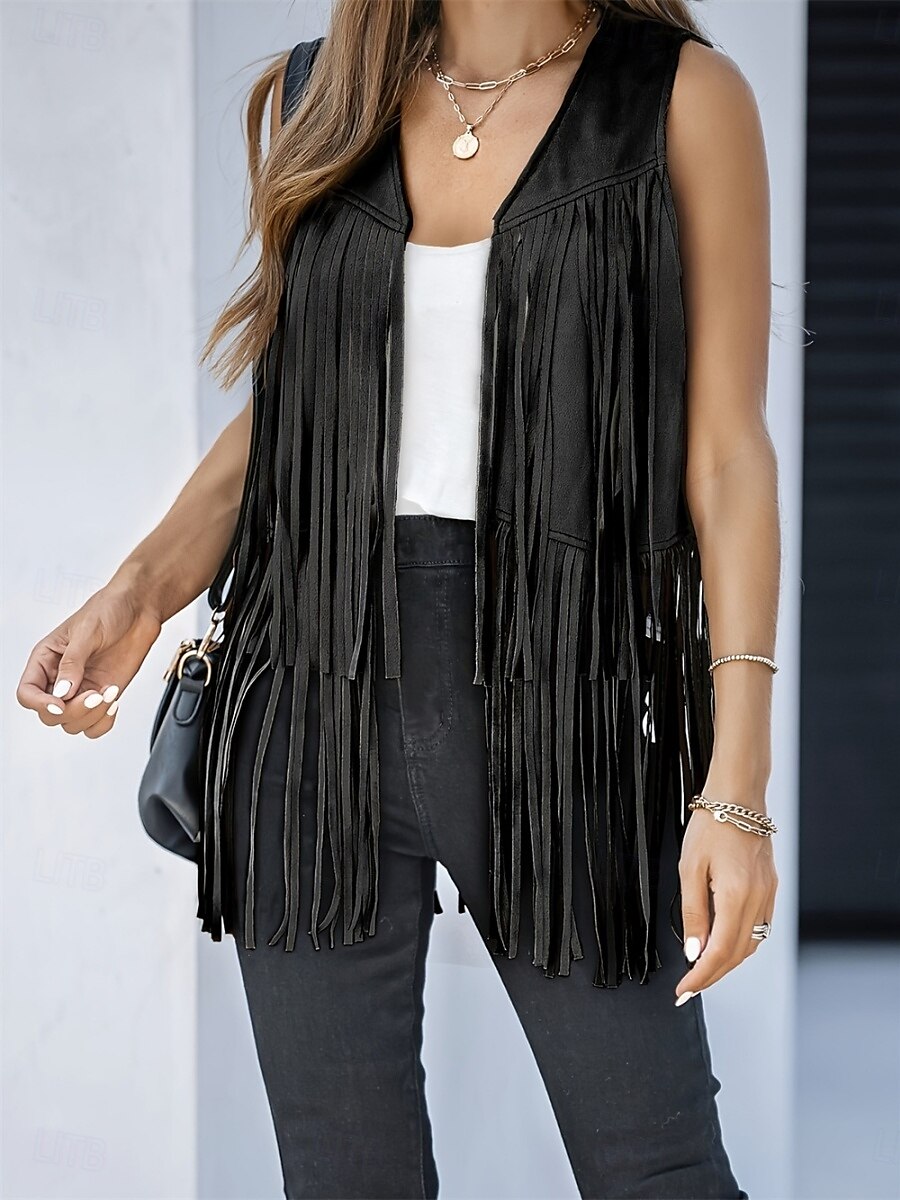 Mujer Chaqueta casual Chaleco Transpirable Cómodo Borlas Casual Plano Vacaciones Calle Casual Ropa Cotidiana Frente Abierto Regular Escote en Pico Ajuste regular Sin Mangas Ropa de calle Negro Rosa 2025 - $34.99 –P13