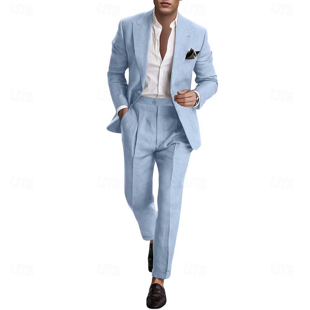 Pour des hommes Mariage Affaires Costumes en lin Revers en Pointe Rose Claire Bleu Ciel Mode Occasionnel Couleur Unie Coupe Standard 2 pièces Simple boutonnage un bouton de 2025 ? $115.99 –P5