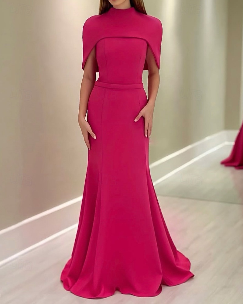 2-in-1 Cape Dress Hot Pink Mermaid / Trumpet Evening Gown Elegant Dress Formal Semi Formal Wedding Floor Length Sleeveless MocK Neck with Stretch Crepe 2025 - $155.99 –P1
