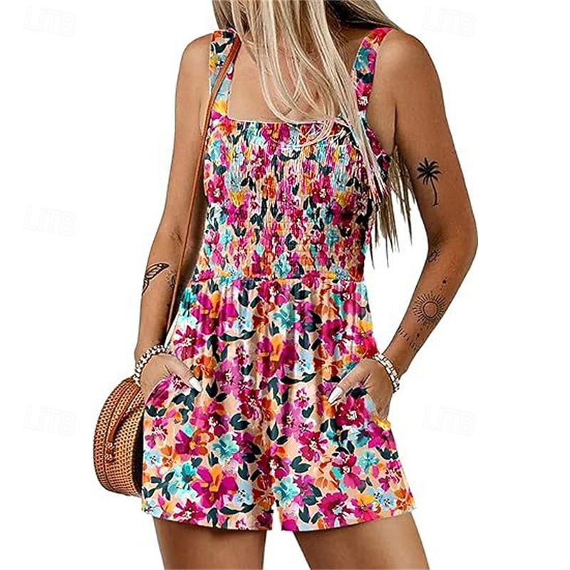 Γυναικεία Κανονικό Ολόσωμα Καθημερινό Φλοράλ Αμάνικο Φαρδιά σορτς Στάμπα Δρόμος Καθημερινά Κανονικό Μαύρο Πράσινο Ανοικτό Ανθισμένο Ροζ Καλοκαίρι 2026 - $24.99 –P10