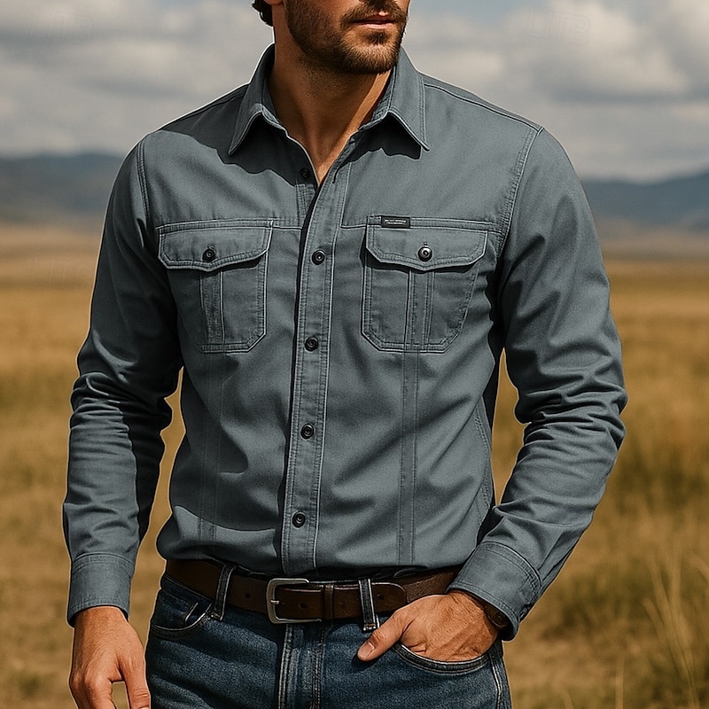 Men's Shirt Summer Shirt Casual Shirt Beach Shirt Button Up Shirt White Navy Blue khaki Gray Long Sleeve Plain Lapel Vacation Hawaiian Pocket Clothing Apparel Polyester Fashion Casual Comfortable 2025 - $22.99 –P2