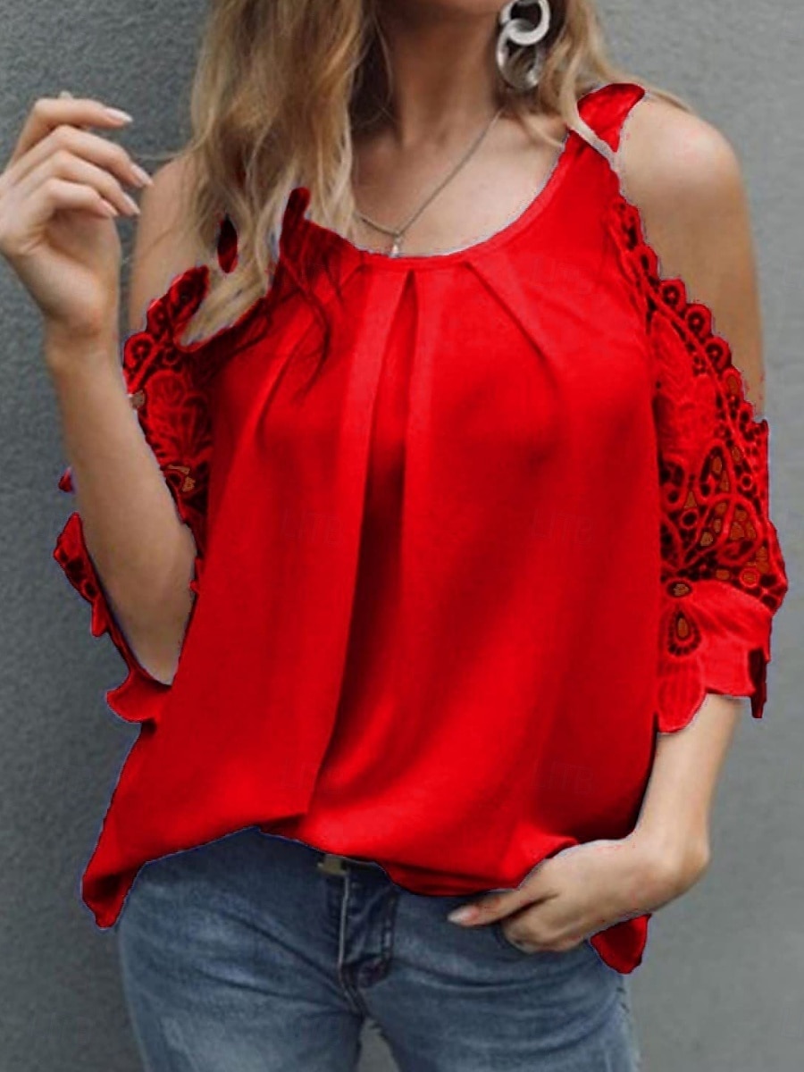 Dames blouse kant splice top effen kleur elegant stijlvol basic 3/4 mouw sleeve band reguliere tops dagelijks kant patchwork zwart wit roze rood zomer 2025 - $19.19 –P3