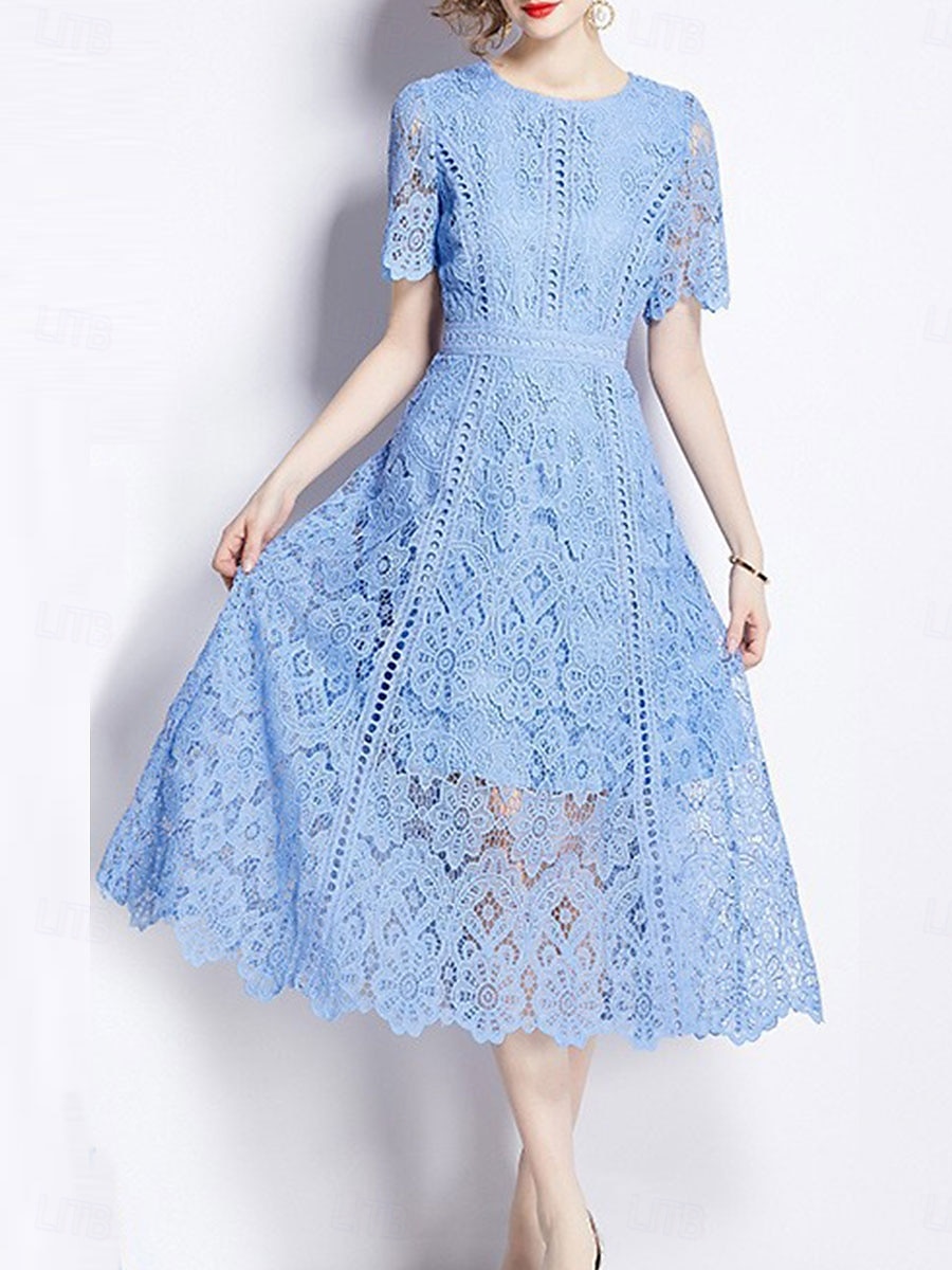 Abito Madre della sposa Abito elegante Collo tondo Lunghezza tè Pizzo Maniche corte con pizzo del 2025 a $99.99 –P9