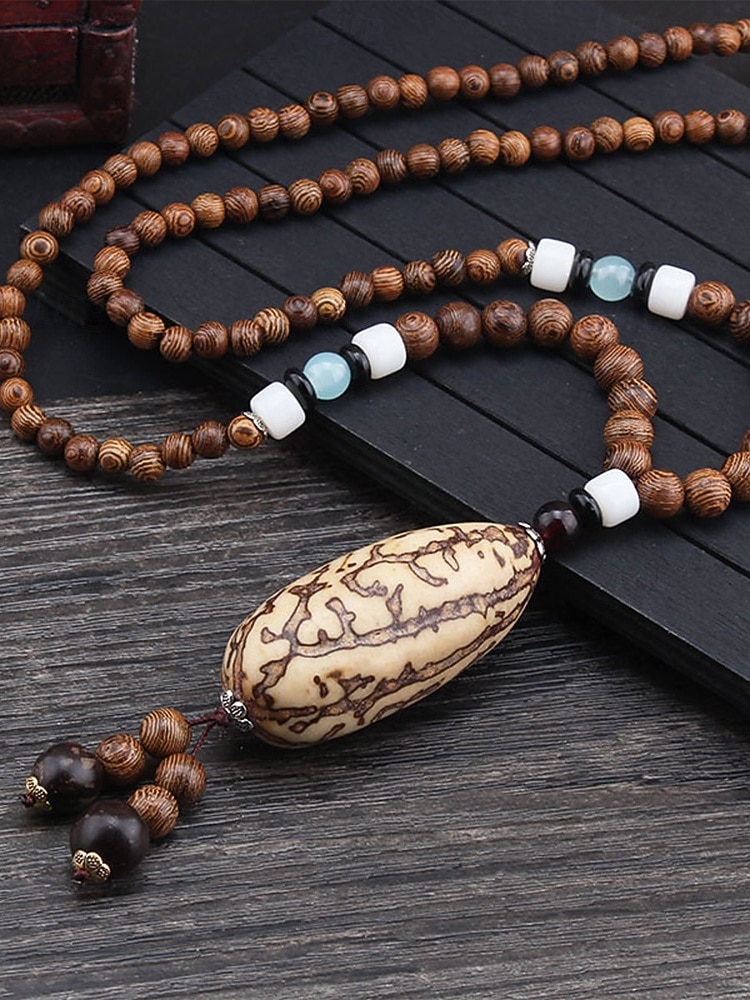 Pánský náhrdelník z přírodních dřevěných korálků s tibetským totemovým přívěskem, boho etnický styl s dlouhým řetízkem pro meditaci, jógu, duchovní setkání a ležérní letní outfity. 2026 - $10.36 –P4