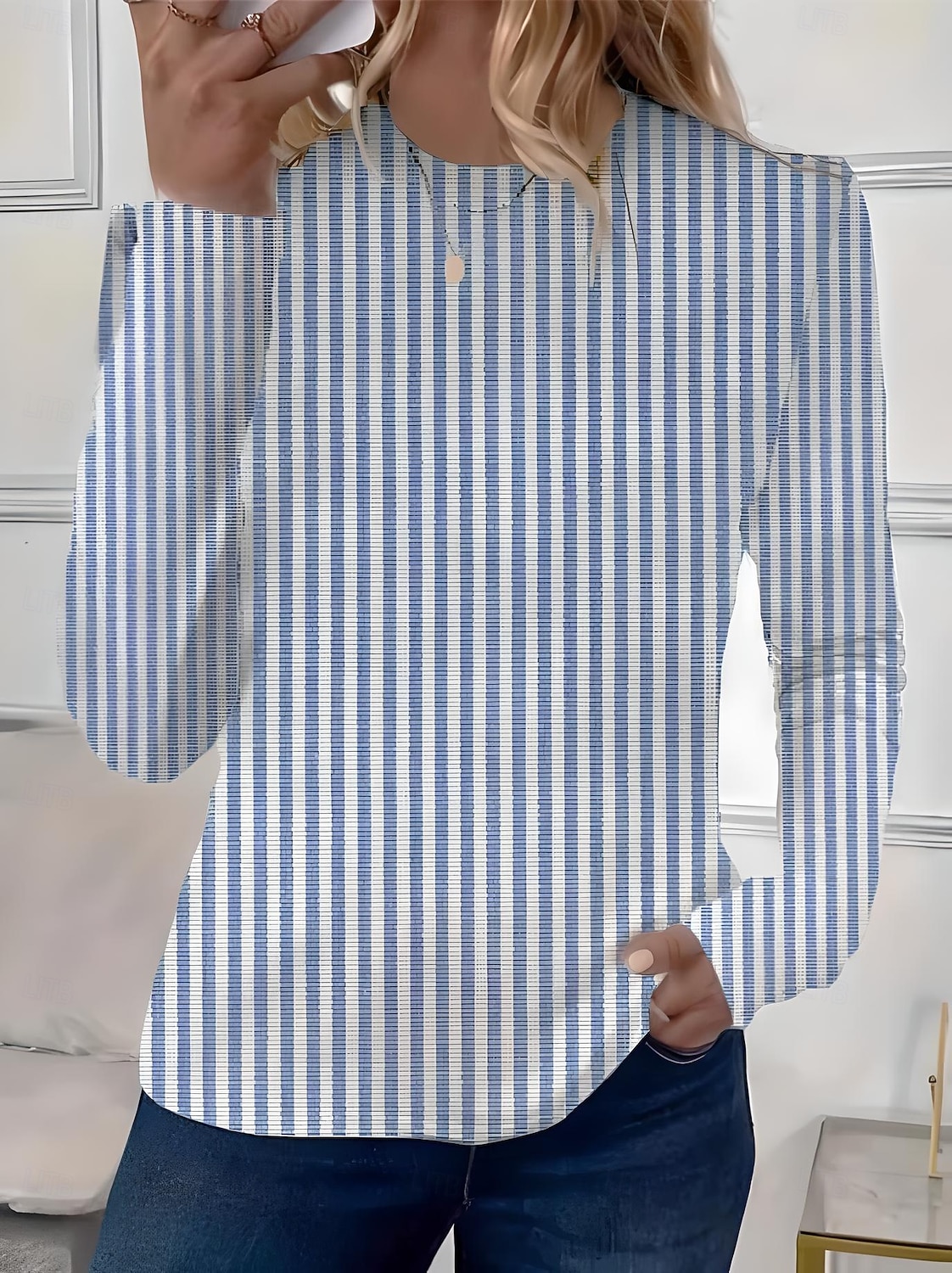 Camiseta Feminina Longa Manga Gola Redonda Longa Manga Tunica Gráfica Geométrica Listrada Elegante Vintage Tops Regulares Impressão Diária Saída Fim de Semana Impressão Rosa Azul Azul Celeste de 2026 por $24.99 –P3