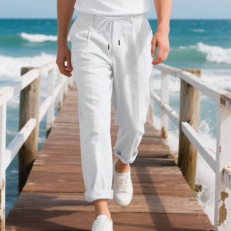 Herr Linne Byxor Långbyxor Sommarbyxor Strandbyxor Ficka Snörning Elastisk midja Slät Komfort Andningsfunktion Semester Dagligen Helgdag Hawaiisk Boho Ljus kaki Svart 2025 - $22.99 –P1
