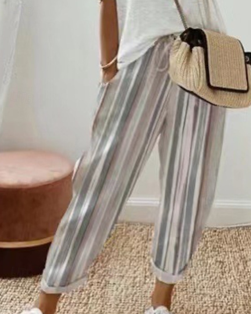 Per donna Pantaloni in cotone e lino Pantaloni Eleganti Casual Lunghezza intera Naturale A righe Tasca Design con Coulisse Elastica All'aperto Confortevole Streetwear Uscire Bianco Blu Cachi Estate del 2025 a $25.99 –P3