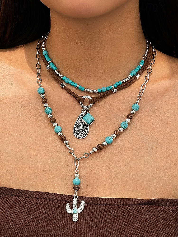 Women's Western Layered Turquoise Beaded Necklace Set – Boho Statement Jewelry with Cactus & Teardrop Charms, Ideal for Festivals, Country Concerts and Casual Wear 2025 - GBP £7.27 –P9