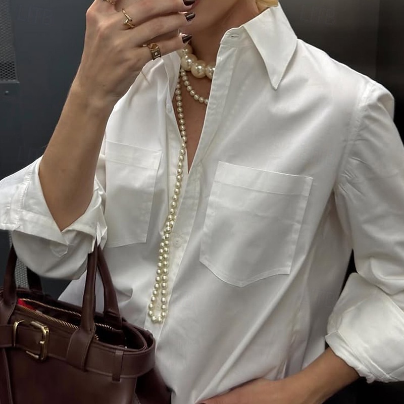Damen Hemd Bluse Einfach Modern Lässig Langarm Hemdkragen Normale Oberteile Täglich Ferien Ausgehen Knöpfe Tasche Weiß Sommer 2025 - $26.99 –P5