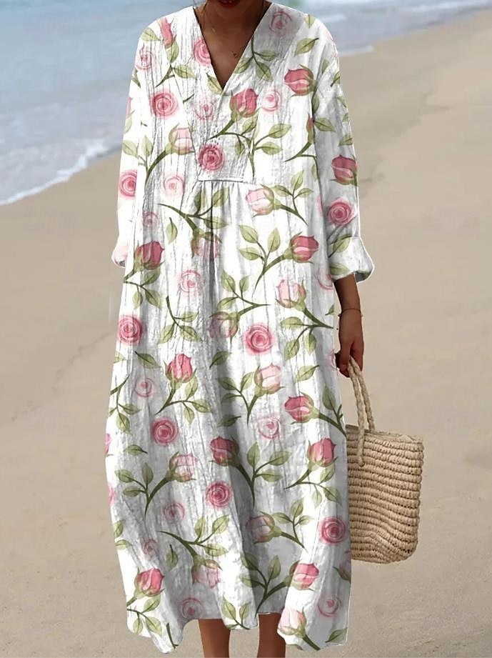 Damen Midikleid Sommerkleid A Linie Kleid Urlaub Lässig Boho Party Ausgehen Strand Blumen Grafik Langarm V Ausschnitt Hellrosa Weiß Hellgrün Rosa Sommer Frühling 2025 - $35.99 –P3