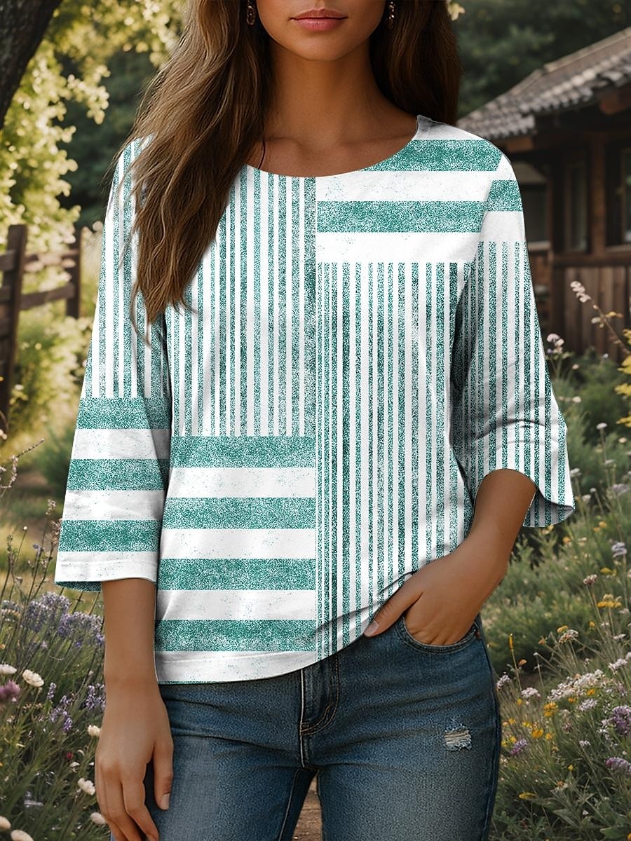 Dame Bluse Grafisk Stripet Bohem Daglig Etnisk 3/4 ermer Crew-hals Vanlige topper Daglig Ferie Trykt mønster Blå Lilla Grønn Kakifarget Sommer Vår 2025 - $27.99 –P5