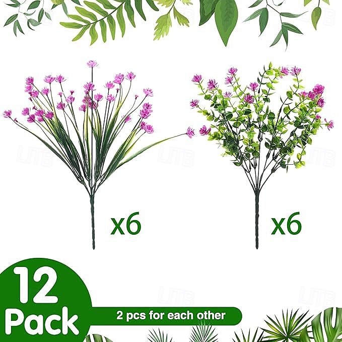 12 maços de flores artificiais para áreas externas, eucalipto artificial, grama de primavera, camélia e folhas de salgueiro de plástico, vegetação artificial resistente a raios UV para jardim, casa, de 2025 por $17.49 –P4