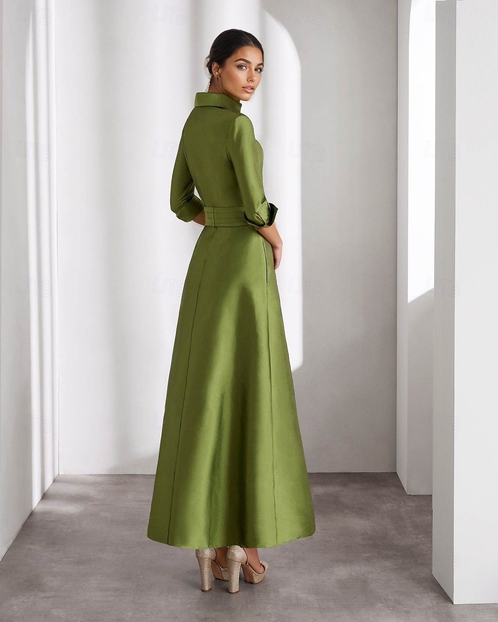 Green Yellow A-Line Cocktail Dresses Elegant Formal Wedding Guest Ankle Length Long Sleeve Shirt Collar Taffeta with Slit 2025 - $132.99 –P2
