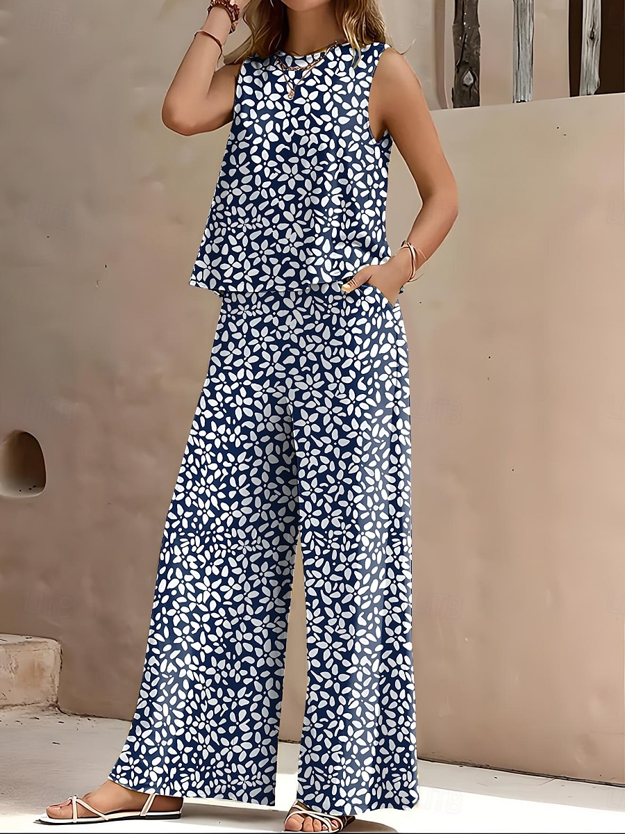 Ensembles vintage stylés pour femmes 2 pièces sans manches col rond graphique géométrique rayé formel bureau rose bleu marron été coupe régulière de 2025 ? $44.99 –P2