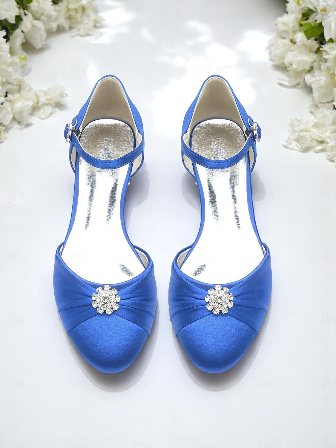 Женские свадебные туфли из серебристого атласа со стразами и ремешком на щиколотке, элегантные и удобные, идеально подходят для официальных свадеб 2026 - $64.99 –P4