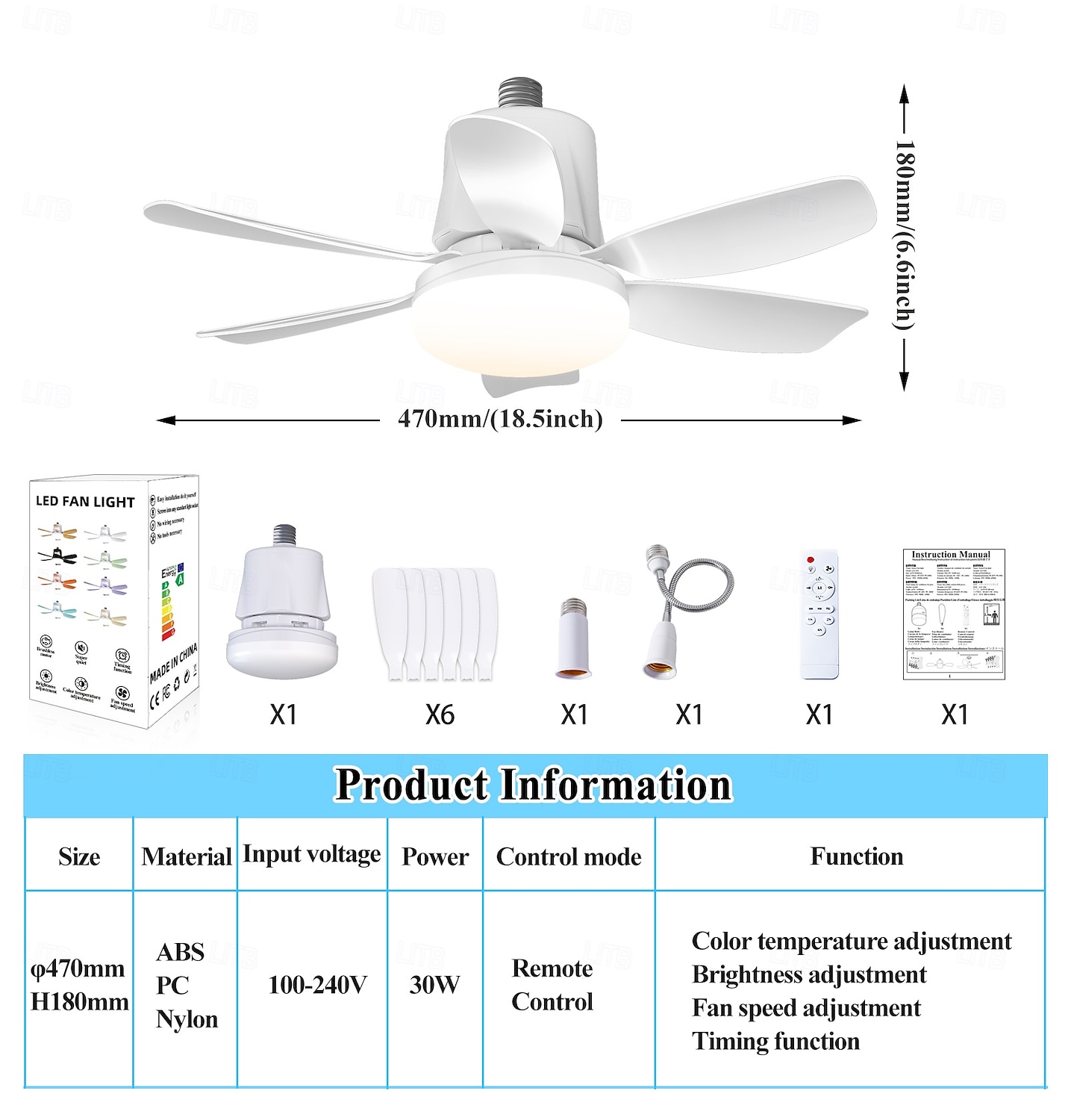 1 Pc 42cm/16.5 Inch Socket Fan Light with Remote, Small Ceiling Fans with Lights, LED Light Bulb Fan, Easy Install Screw-in E26/E27 Base for Bedroom Kitchen Garage Living Room 2025 - $32.99 –P1