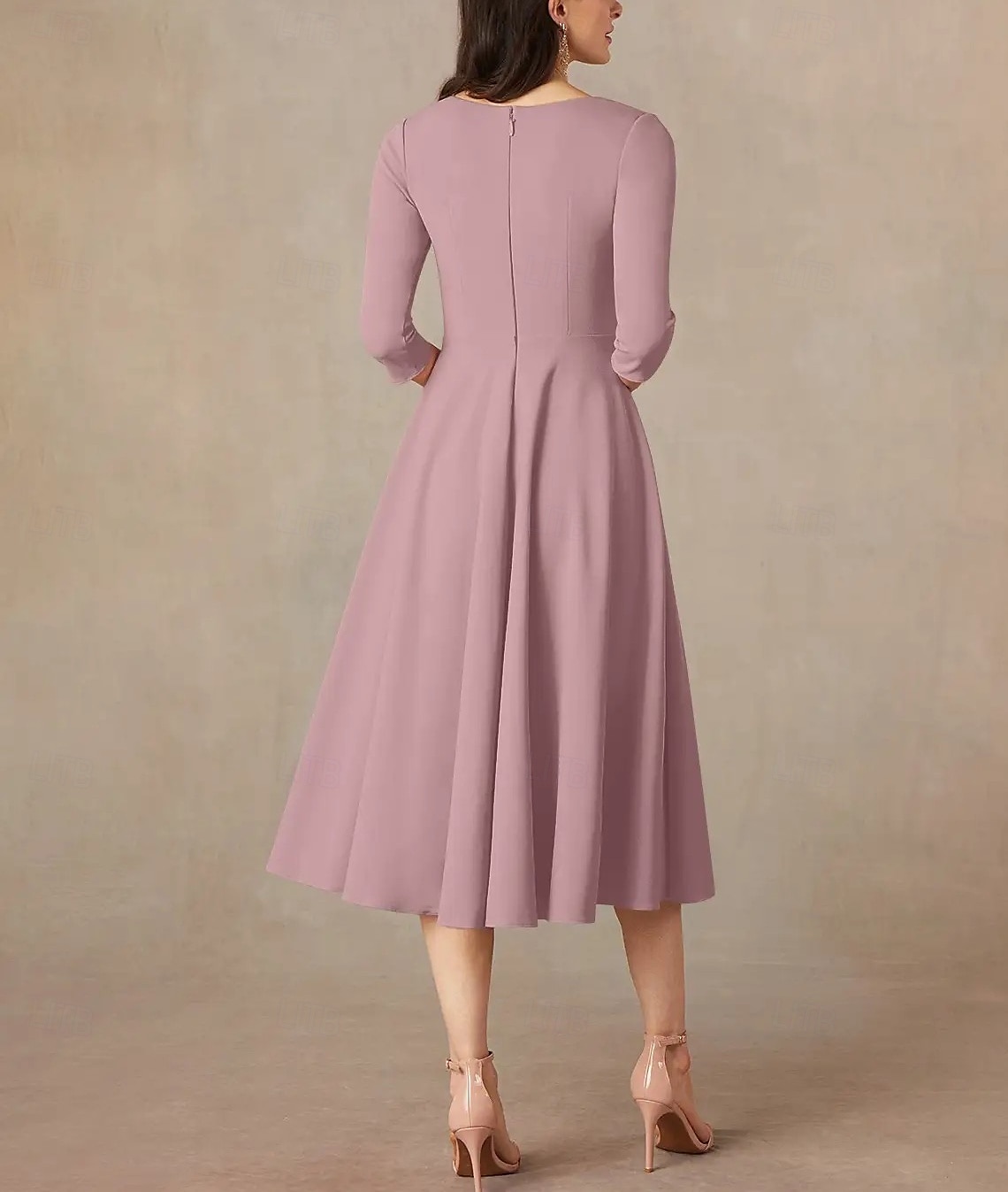 Abito A-Line madre della sposa ospite matrimonio elegante minimalista scollatura a V lunghezza tè in raso italiano manica a tre quarti con drappeggio del 2025 a $142.99 –P2