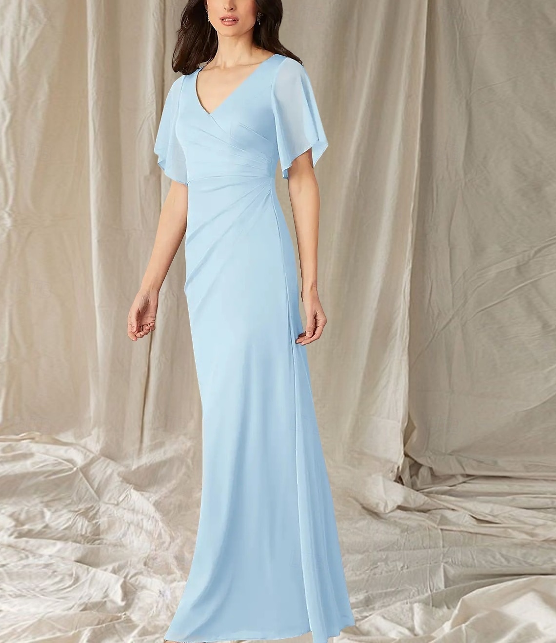 Zeemeermin Trompet Moeder van de Bruid Jurk Bruiloft Gast Elegant Zoet V Hals Vloerlengte Chiffon Korte Mouw met Ruching 2025 - $164.99 –P3
