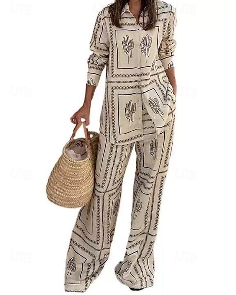 Femmes Mode Streetwear Chemises en coton et lin Ensembles en coton et lin Ensembles de Pantalons Manche Courte Col de chemise Géométrique Imprimé Tenue quotidienne Date Beige Été Coupe régulière de 2025 ? $44.99 –P6