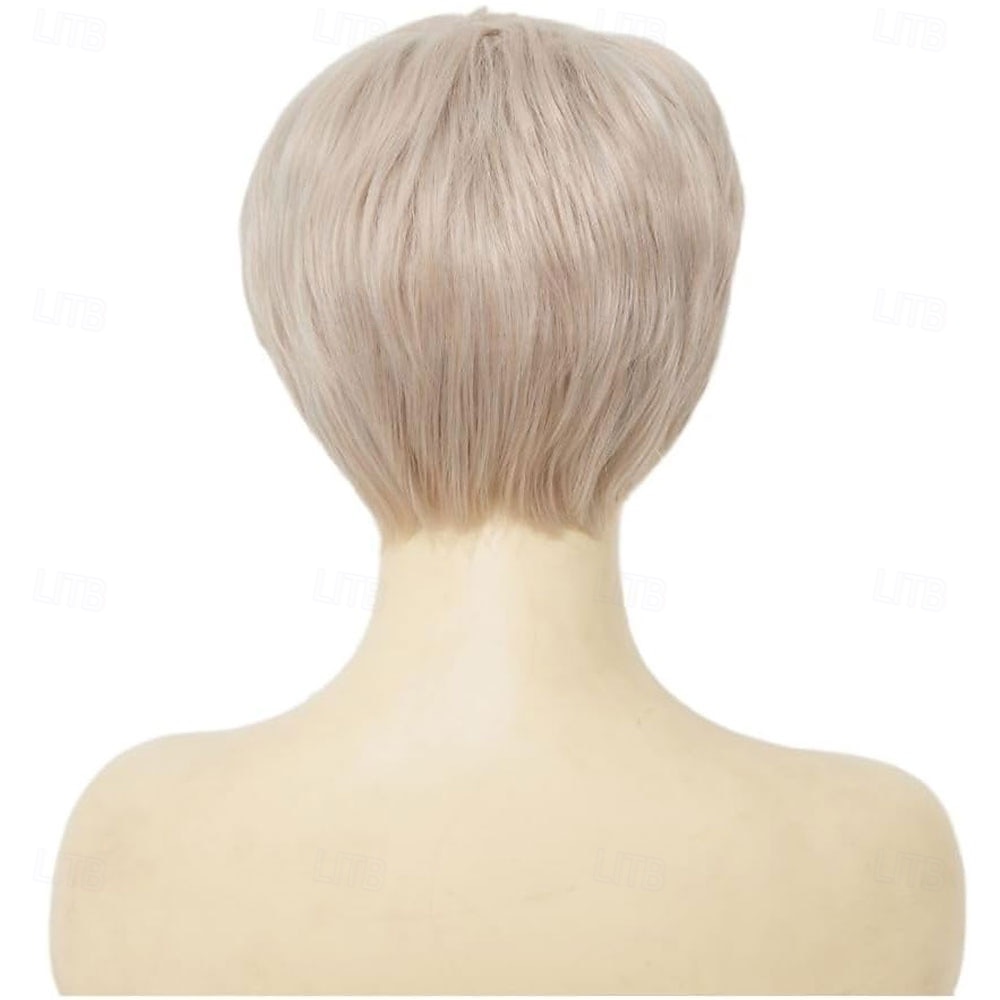 Parrucca da donna corta, bionda, bianca, con taglio pixie, liscia, riga laterale, a strati, in fibra sintetica, ispida, per vecchie signore, per uso quotidiano del 2025 a $25.99 –P4