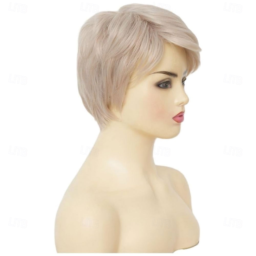 Parrucca da donna corta, bionda, bianca, con taglio pixie, liscia, riga laterale, a strati, in fibra sintetica, ispida, per vecchie signore, per uso quotidiano del 2025 a $25.99 –P3