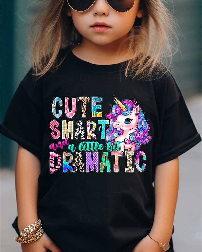 100% Cotton Kids Girls' Black Unicorn Letters T shirt Tee Crew Neck Short Sleeve Outdoor Vacation Daily Classic Casual Print Summer 2025 - $13.99 –P1
