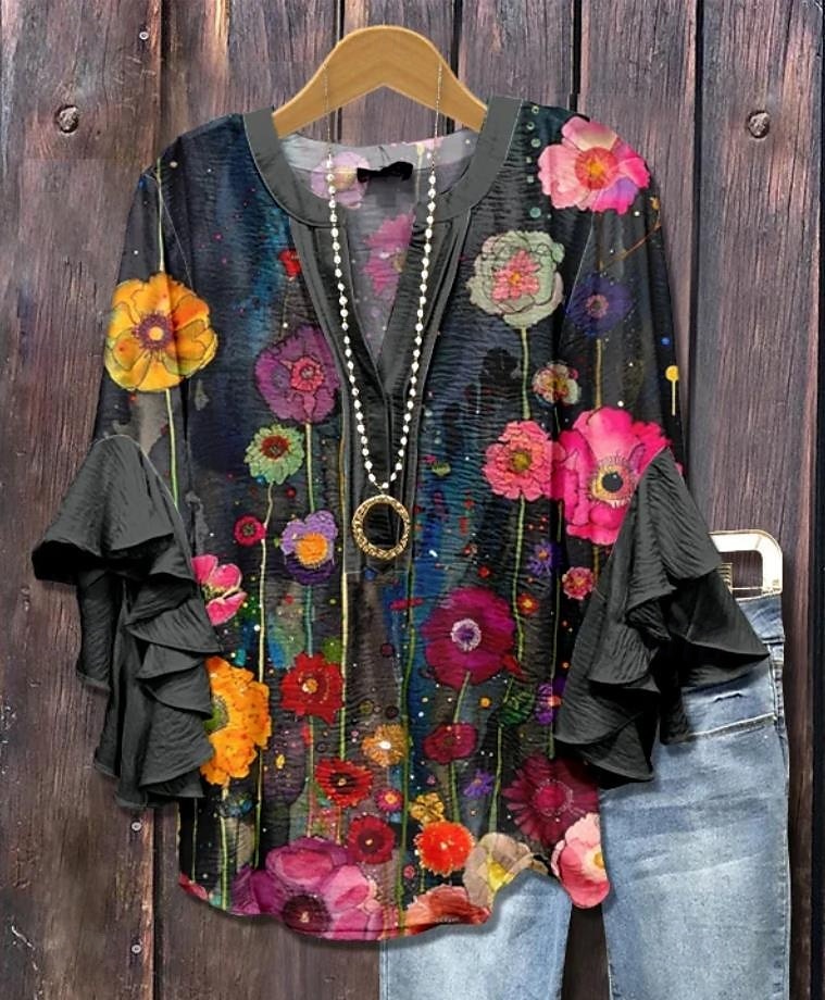 Dámská retro blůza s vrstvenými volánovými rukávy Vintage květinový grafický Bohemia Vintage denní 3/4 délky rukáv V krku běžné topy Denní dovolená prázdninové oblečení Tisk černá žlutá léto jaro 2025 - $29.99 –P2