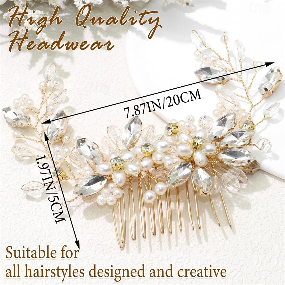 Wedding Hair Piece Sparkly Crystal Hair Side Comb Gold Bridal Pearl Headwear Bride Bridesmaid Flower Headdress for Women and Girls 2026 - $10.99 –P2